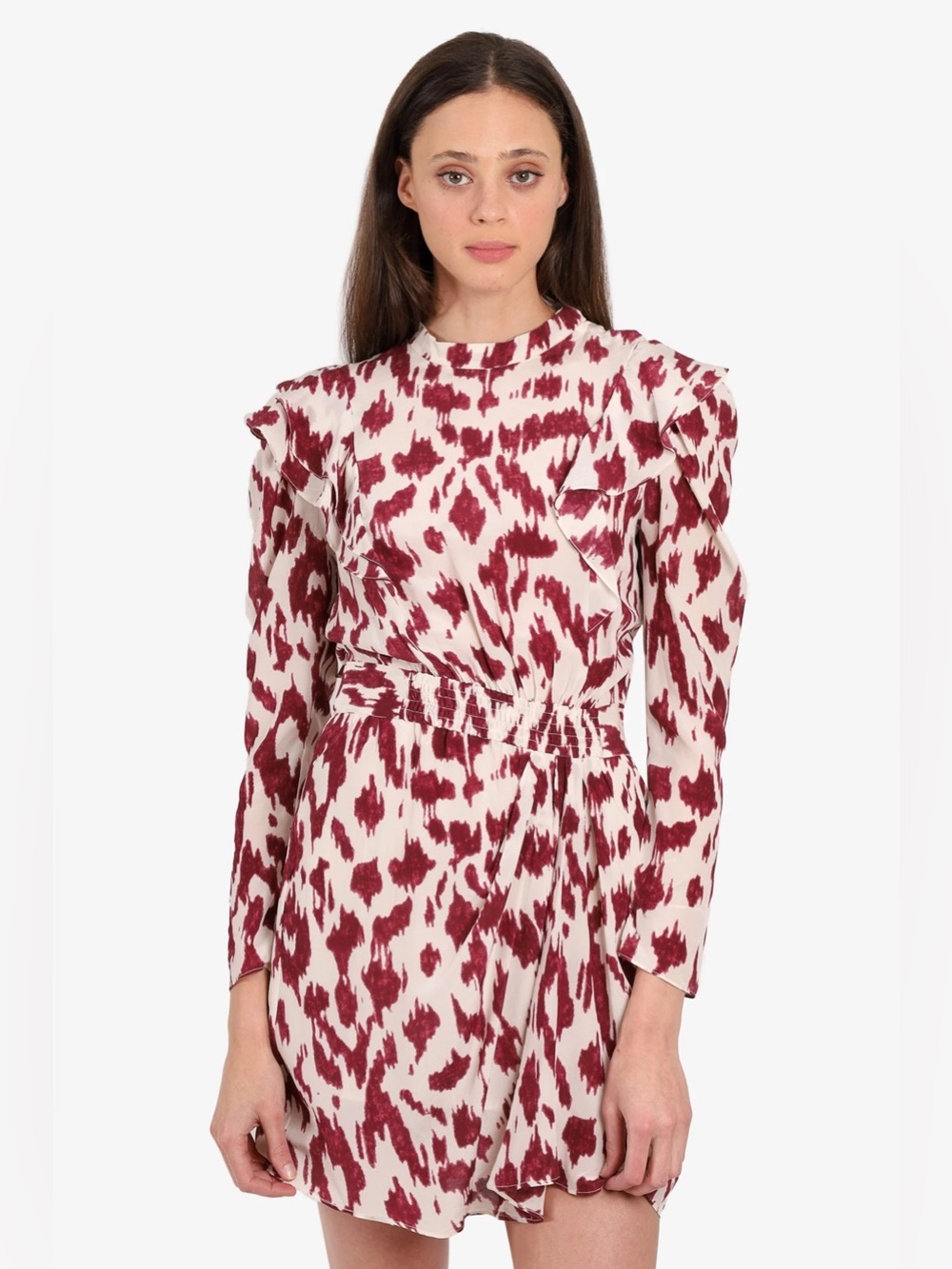 Isabel Marant Etoile Yoana Ruffle Mini Dress White/Burgundy Printed Silk Size 40